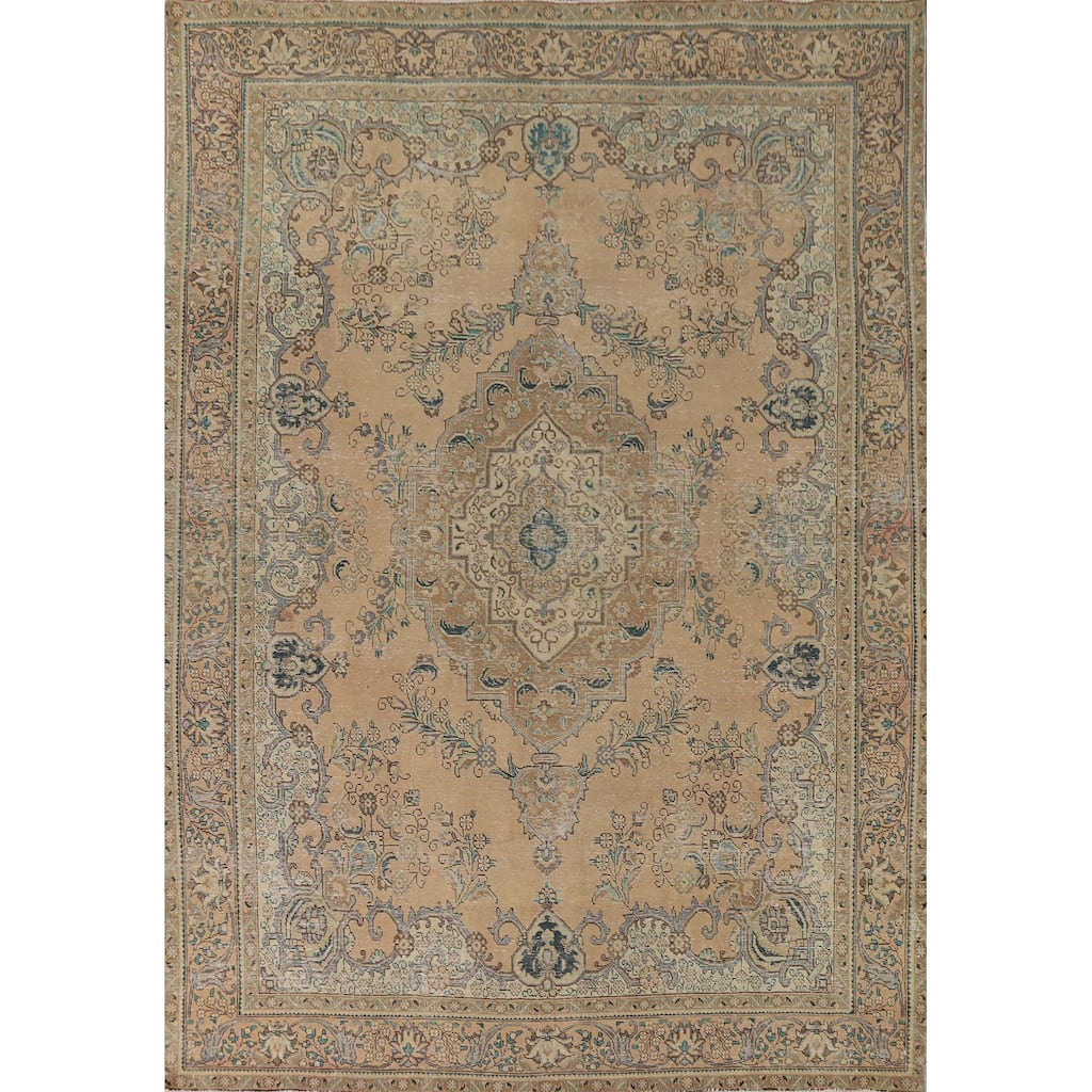 Distressed Tabriz Vintage Persian Rug Handmade Peach Wool Carpet - 9'9" x 12'9"
