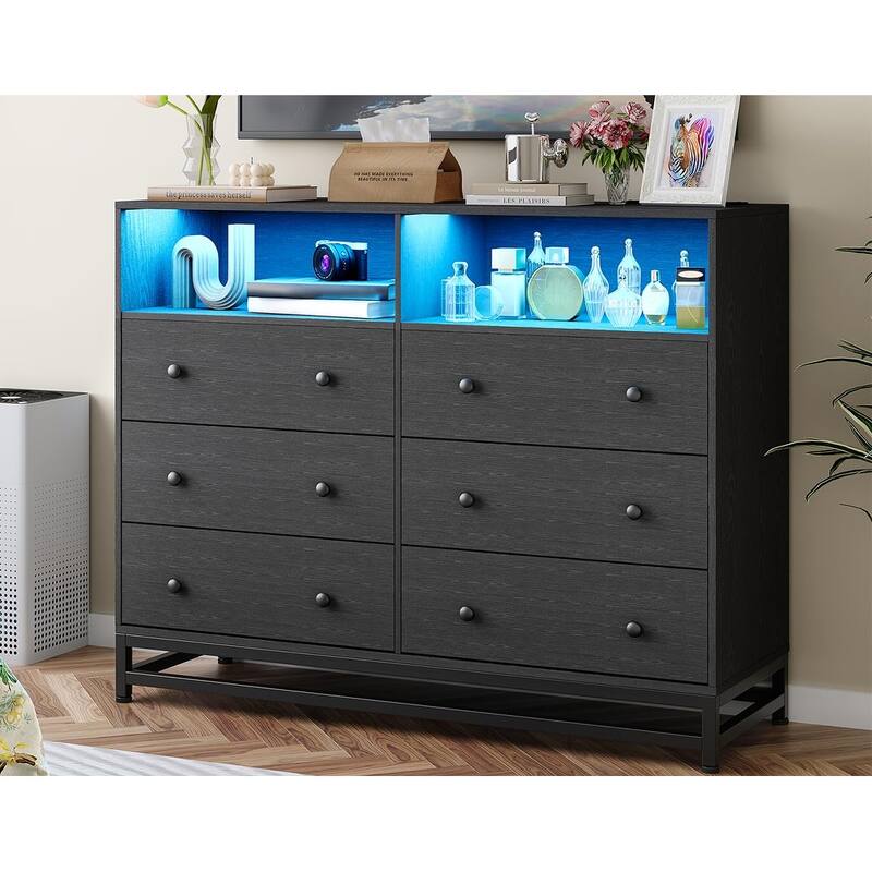 6-Drawer Double Dresser for Bedroom, Wooden TV Stand with LED Lights & Power Outlet, Storage Cabinet for Closet