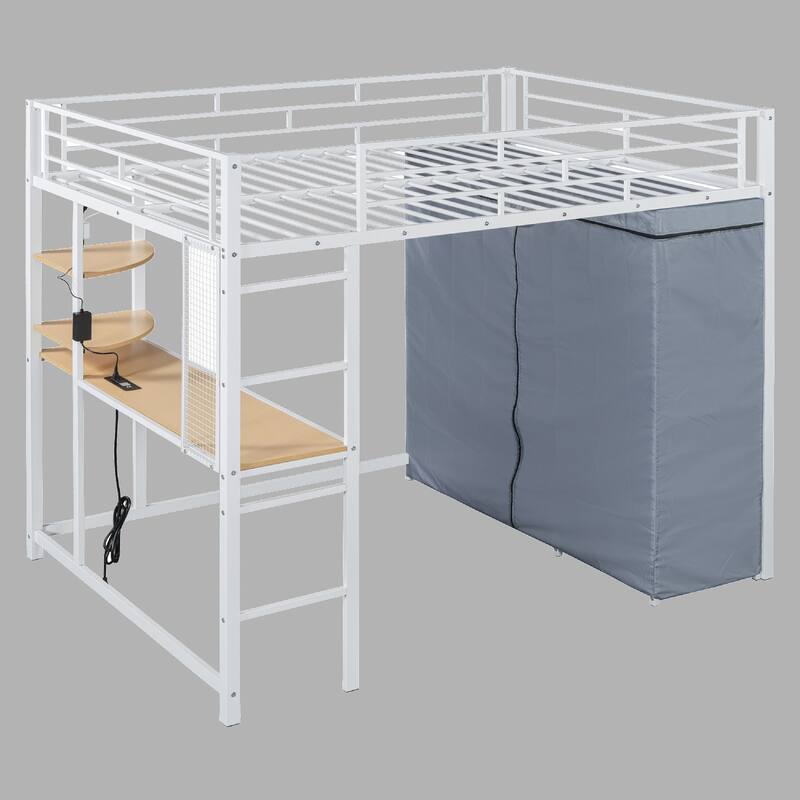 Full Loft Bed with Built-In Desk, Power Outlet, LED Light & Fabric Wardrobe - Space-Saving Solution - White - Full