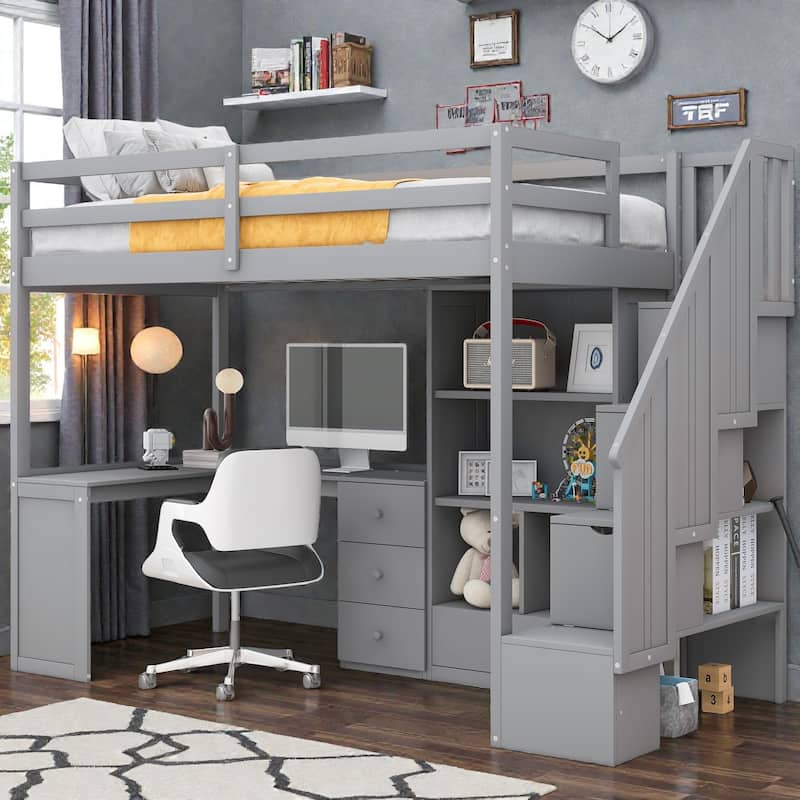 Twin Loft Bed with L Shaped Desk, Storage Stairs, Drawers and Cabinet, Space Saving Wood Loft Bed