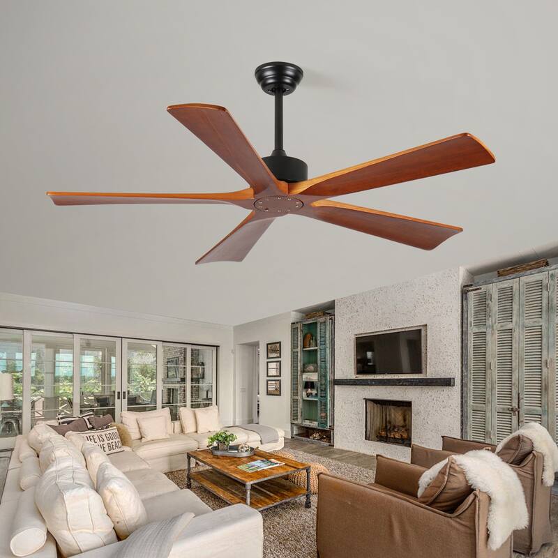 60 Inch Ceiling Fans and Remote, Wood Indoor Outdoor Ceiling Fan with Light for Patios Living Room Bedroom 5 Blades DC Motor
