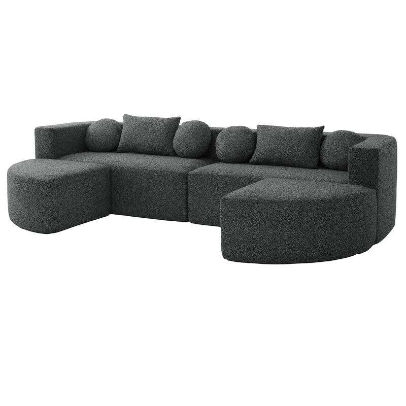 U-Shape Modular Sectional Sofa, Boucle Upholstered Boneless Couch, Compression Sofa with 4 Throw Pillows & 2 Cushions