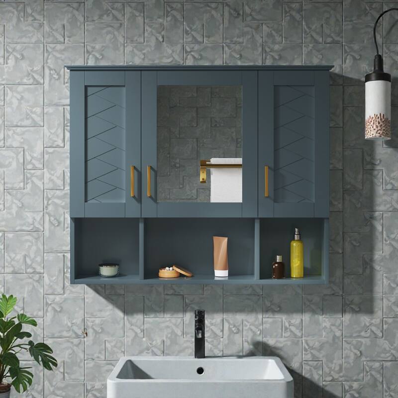35 Inch Wall Mounted Bathroom Medicine Cabinet with Mirror, Adjustable Shelves, Soft Close Doors - Blue