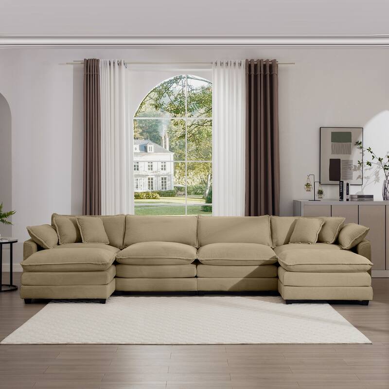 Tan 150" Corduroy Cloud Upholstered Modular U-Shaped Sectional Sofa with 2 Removable Ottoman and Free Combination Design