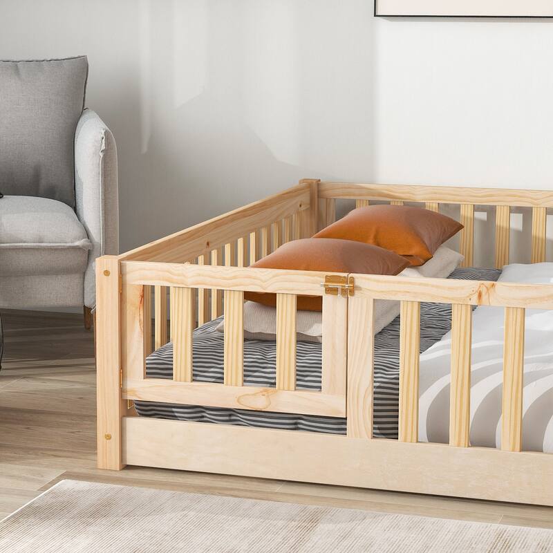 Floor Platform Bed with Fence Guardrails and Door