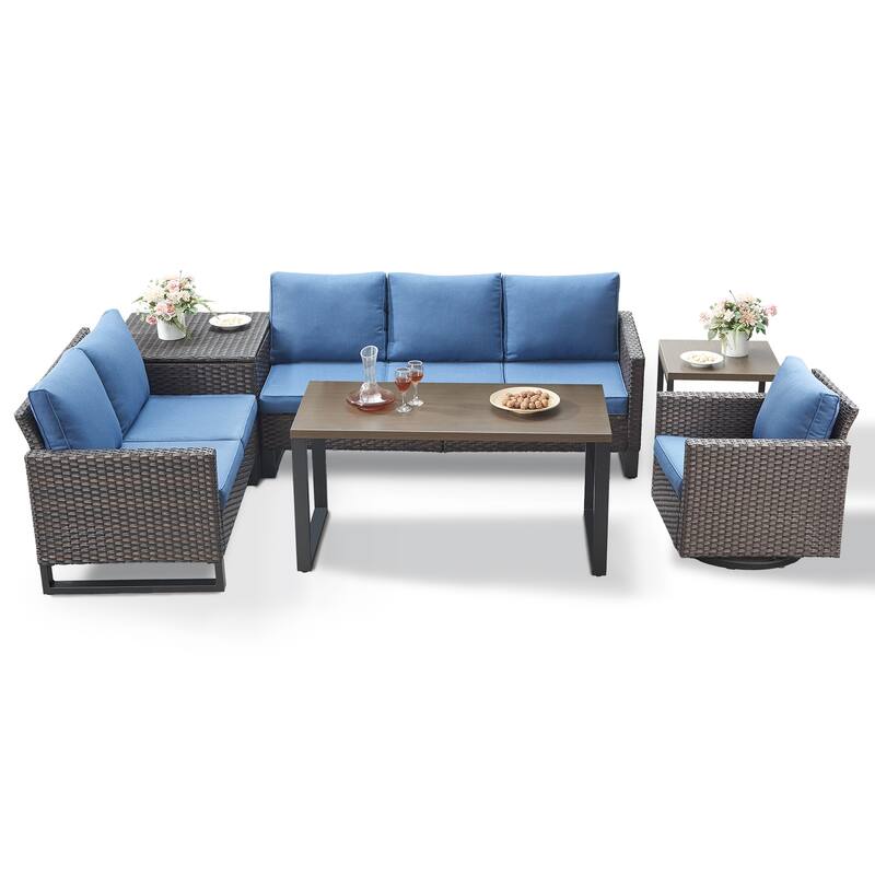 Gymojoy 6 Person Outdoor Patio Wicker Conversation Set Group With Swivel Chairs