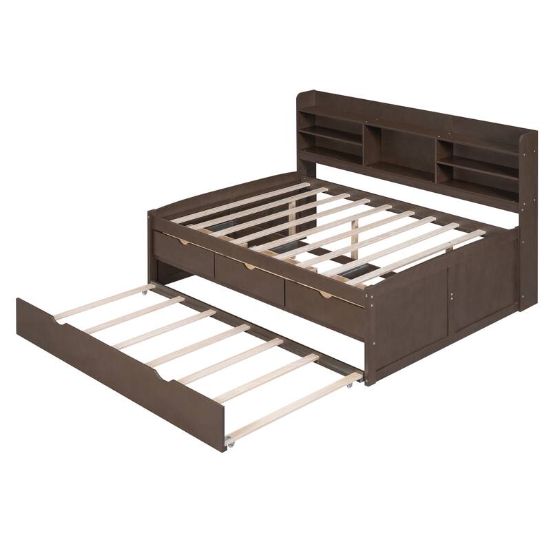 Antique Gray Full Size Wooden Captain Platform Bed with Built-in Bookshelves, Three Storage Drawers and Trundle