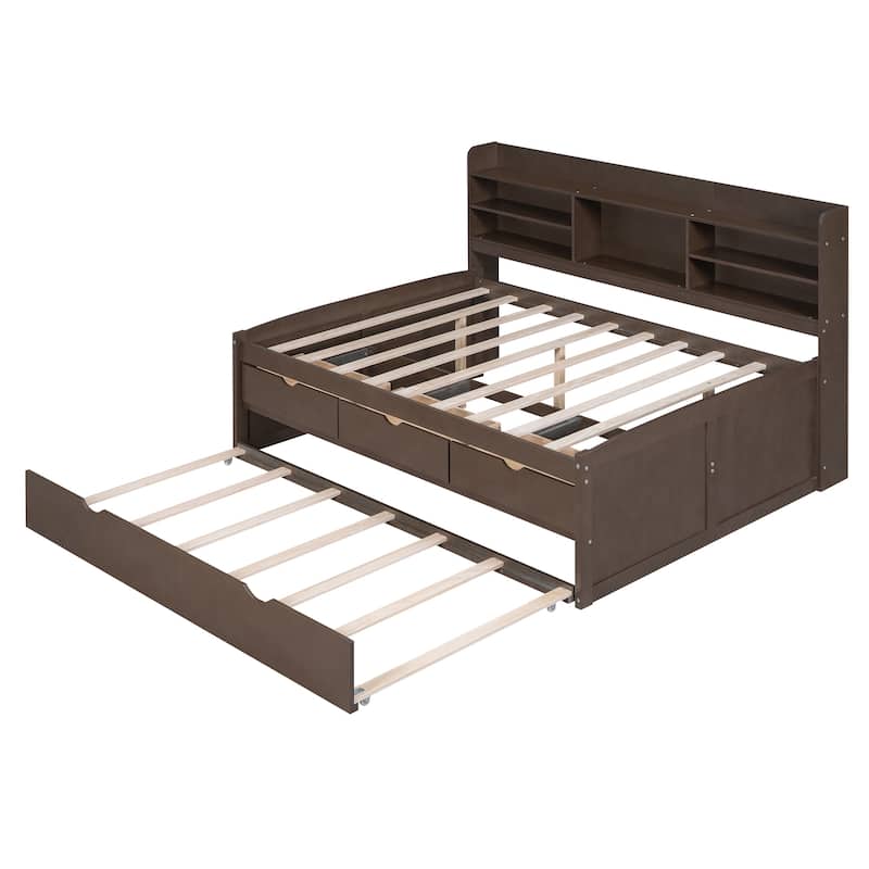 Full Size Wooden Captain Bed with Built-in Bookshelves