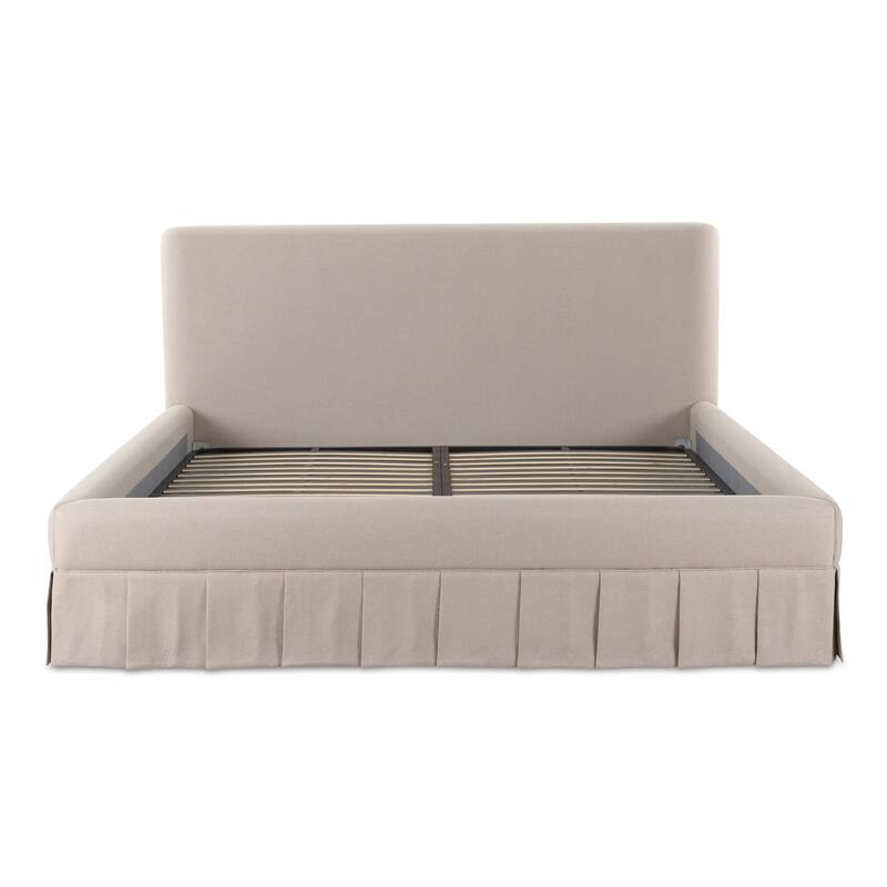 NADAAL STUDIOS Lenora Beige Upholstered Queen Bed with Pleated Skirt Base and Padded Headboard