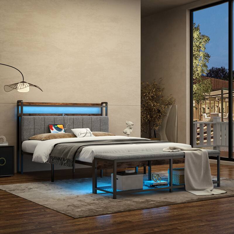 Javlergo Bed Frame with Bench, Bedframes with Charging Staions, Headboard and Storage Bench, LED Lights and Storage Shelves