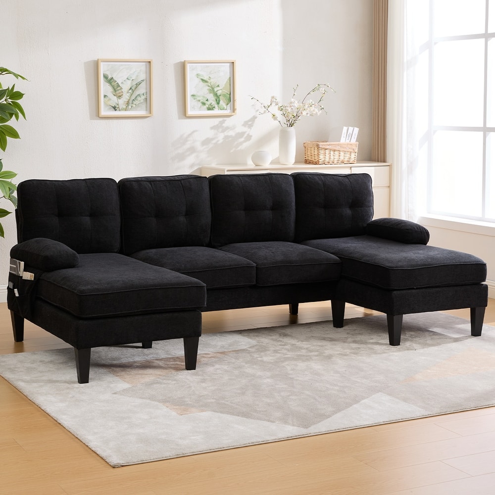 HOMEFUN Linen Upholstered U-Shaped 4-seater Tufted Wood Frame Sectional Sofa with Side Pocket
