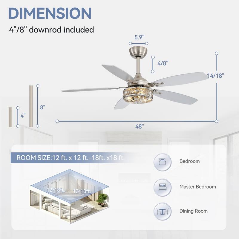 48" Wood 5-Blade Crystal Fandelier Ceiling Fan with Remote and Light