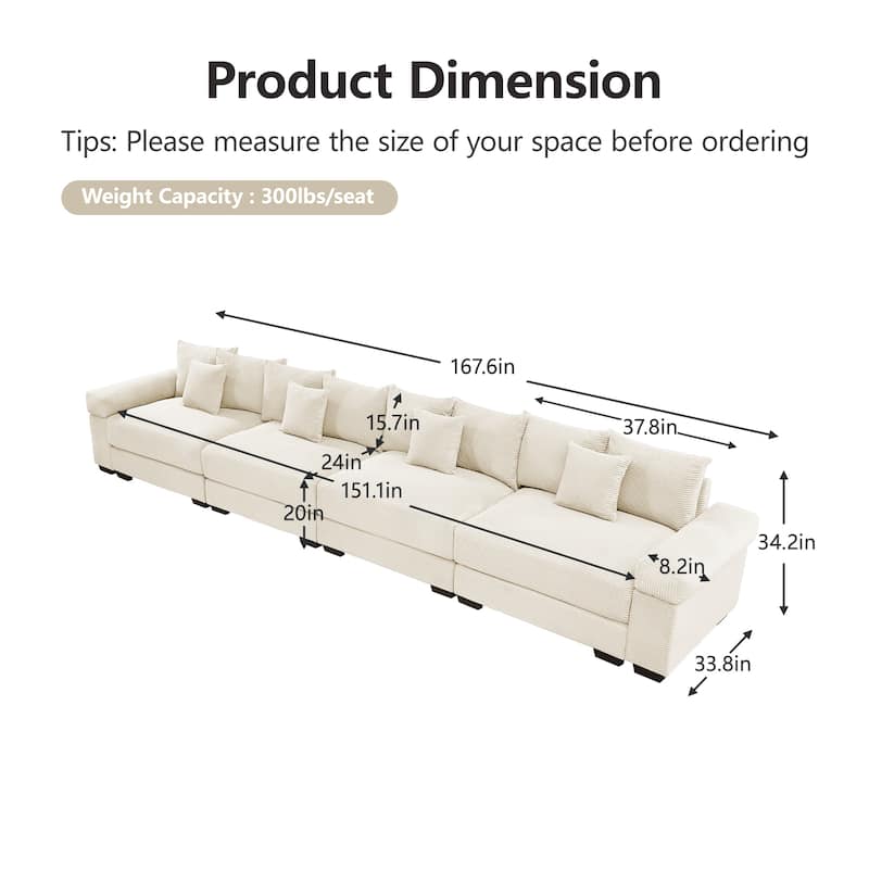 GDFStudio - Corduroy 4-Seater 170" Cloud Sofa Couch with Extra-Thick Armrests