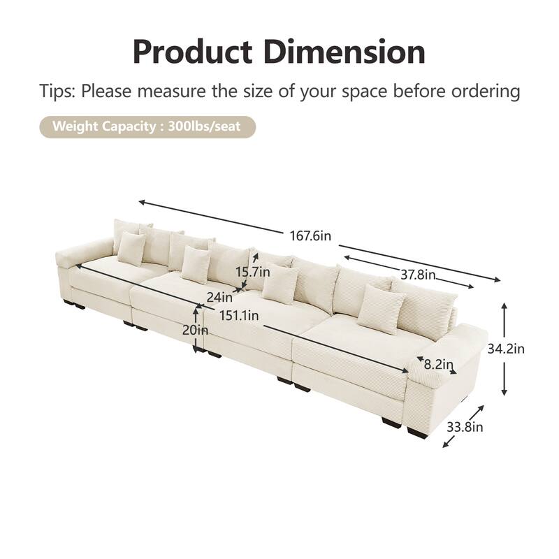 Roomfitters 130" Oversized Cloud Modular Sectional Sofa, Deep Seat Corduroy Couch with Wide Armrests, Cream