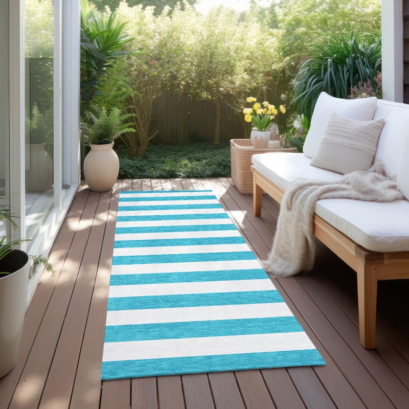 Machine Washable Indoor/ Outdoor Cabana Striped Chantille Rug - Teal - 2'3" x 7'6"