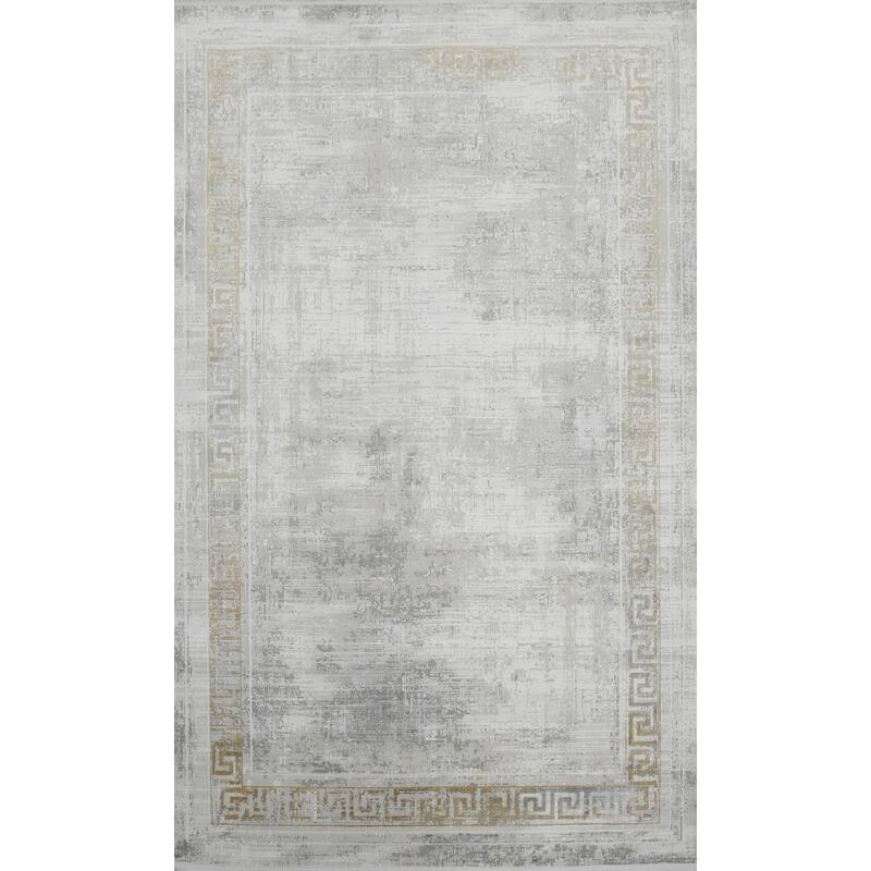 Machine Made Oriental Polyester Carpet Bordered Greys & Charcoal Distressed Area Rug - 7' 5'' X 5' 2''