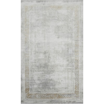 Machine Made Oriental Polyester Carpet Bordered Greys & Charcoal Distressed Area Rug - 7' 5'' X 5' 2''
