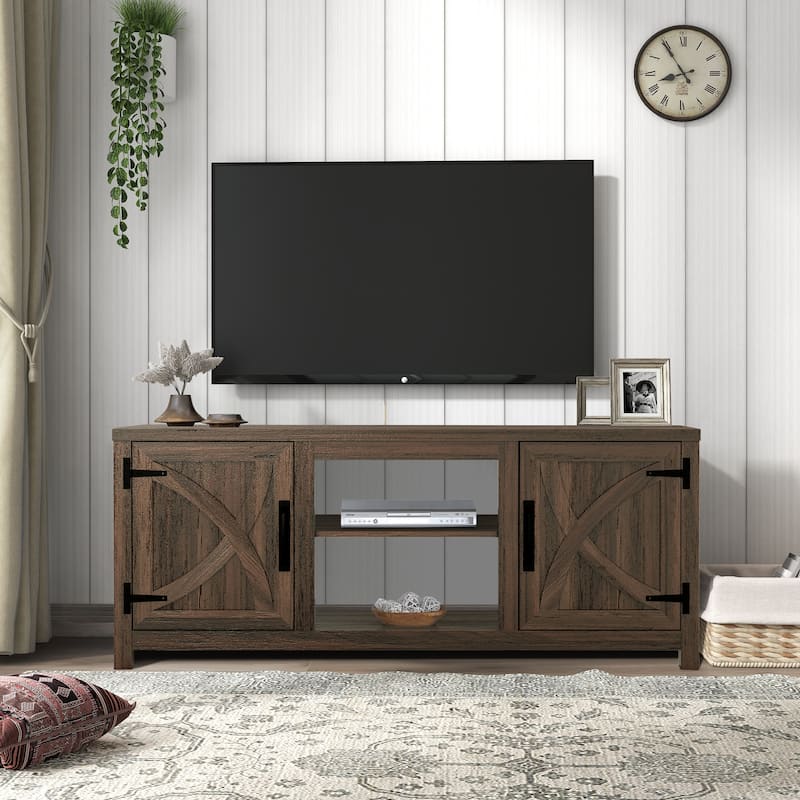 58-inch Farmhouse White Media Console TV Stand for TVs up to 65" with Door and Open Shelves - Walnut
