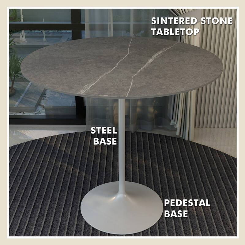 LeisureMod Verve 48" Round Bar Dining Table with Stone TableTop and White Steel Base for Kitchen & Dining Room