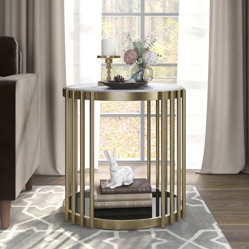 Roberts Glam Brass and White 26-inch Faux Marble 1-Shelf Drum Side Table by Furniture of America