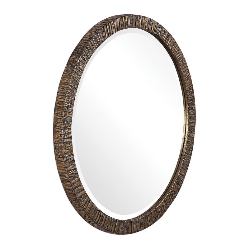 Uttermost Wayde 30" Round Rustic Wood Bark Framed Beveled Wall Mirror