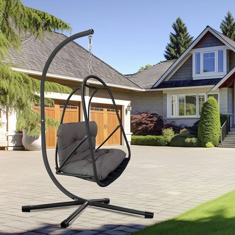 Swing Egg Chair with Stand Wicker Rattan Patio Basket Hanging Chair - Black,Dark Brown