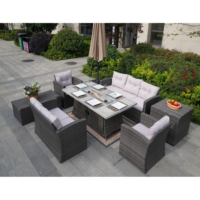 Outdoor 7-Piece Wicker Patio Sofa Set with Fire Pit Table,Gray
