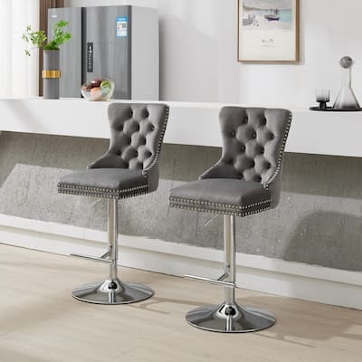 Swivel Barstools Set of 2 Adjustable Height Accent Chair Velvet Upholstered Bar Stools with Nailhead Trim, Tufted and Pull Ring