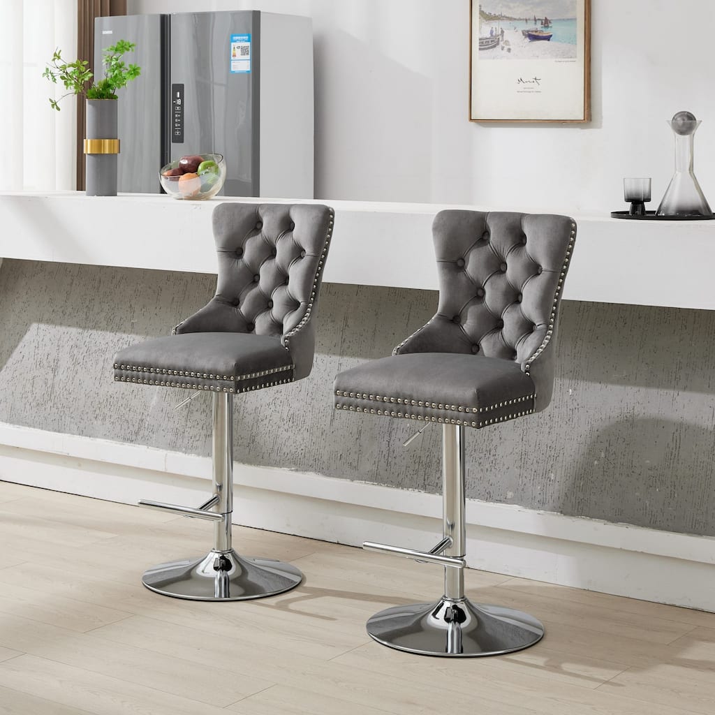 Thick Chrome Swivel Velvet Barstools, Upholstered with 17.7" Base,Tufted Buttons&Diamond Pleating(Gray, Set of 2)