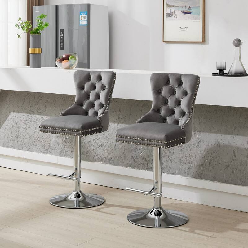 Thick Chrome Swivel Velvet Barstools,Adjustable Height,Modern Upholstered,Sponge&Spring（Set of 2) - Gray