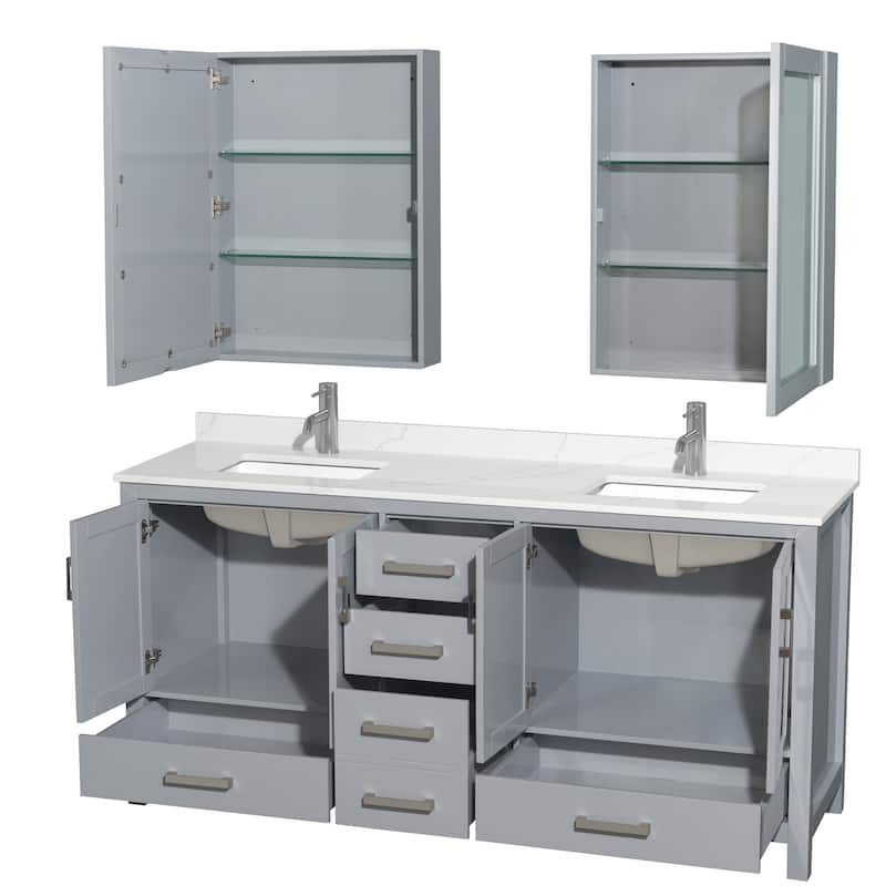 Sheffield 72-inch Double Vanity, Single Hole Quartz Top, Med Cabinets