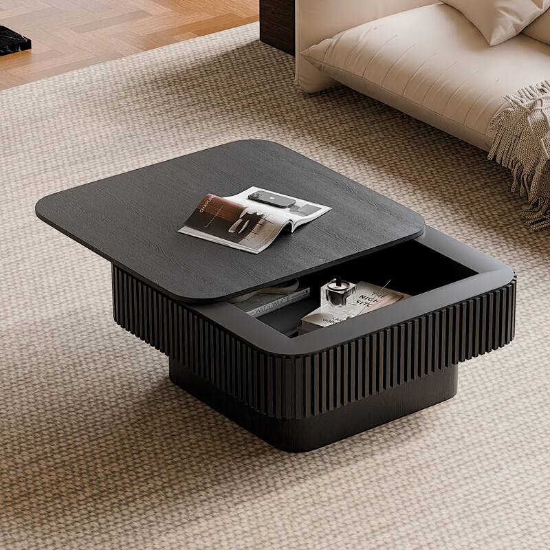 31.5" Modern Square Coffee Table with Storage, Solid Wood Veneer Finish for Living Room, Bedroom & Office - Black