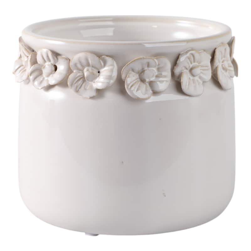 Ceramic Round Planter Sculpted Floral Rim Detail and Drainage Hole