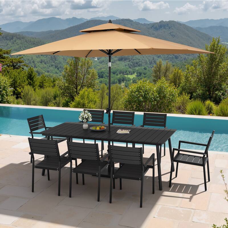 11PC Outdoor Patio Dining Set Aluminum Table with Stackable Armchairs w/ Market Umbrella Set - BlackTable&BlackChairs&TanUmbrella