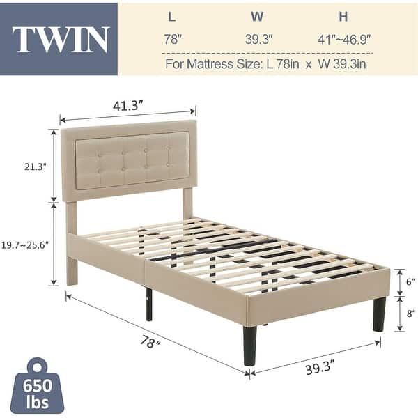 dimension image slide 3 of 6, VECELO Tufted Upholstered Kids Bed with Adjustable Headboard,Twin Size Bed Set of 2