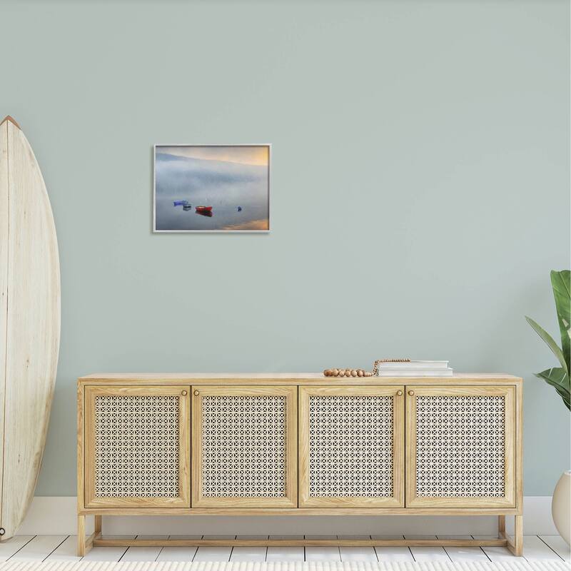 Stupell Misty Lake Canoes Fog Scene Framed Giclee Art by Kim Curinga