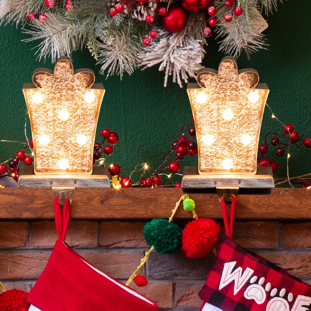 Glitzhome 7.5" H Christmas Silver LED Gift Box Heavy Duty Stocking Holders Mantel Ornament