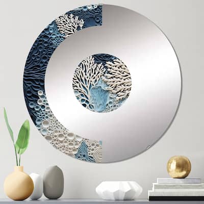 Designart "Under Water Blue And White Corals Collage" - Nautical Coastal Half Circle Wall Mirror