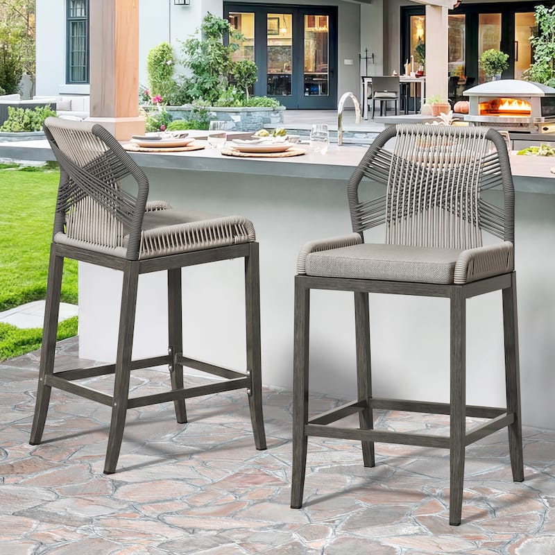 2 Set Modern Aluminum Twill Woven Outdoor Bar Stool Chair Set, Counter Height Stool with Back and Cushion - 40.6"H - Gray-Slate Gray