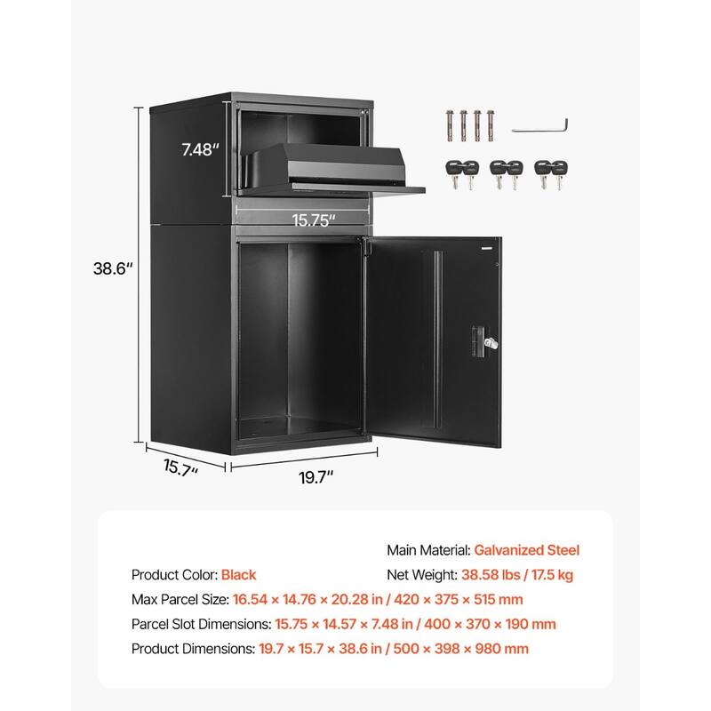 Black Galvanized Steel Parcel Delivery Box with Anti-Theft Design and Weatherproof Finish - 19.7 x 15.7 x 38.6 in