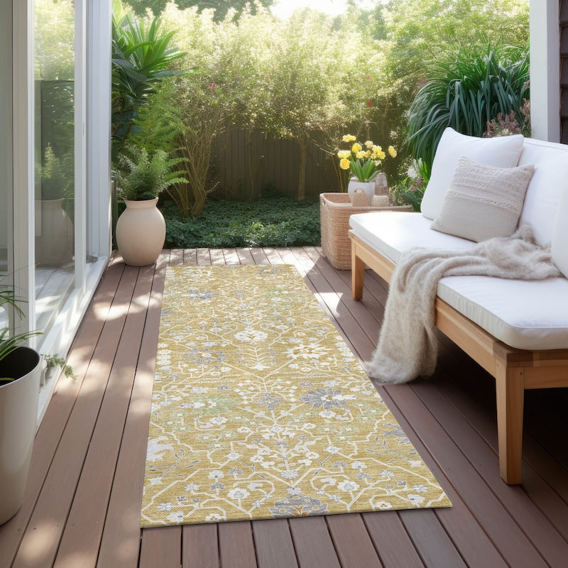 Machine Washable Indoor/ Outdoor Global Traditional Chantille Rug - Gold - 2'3" x 7'6"