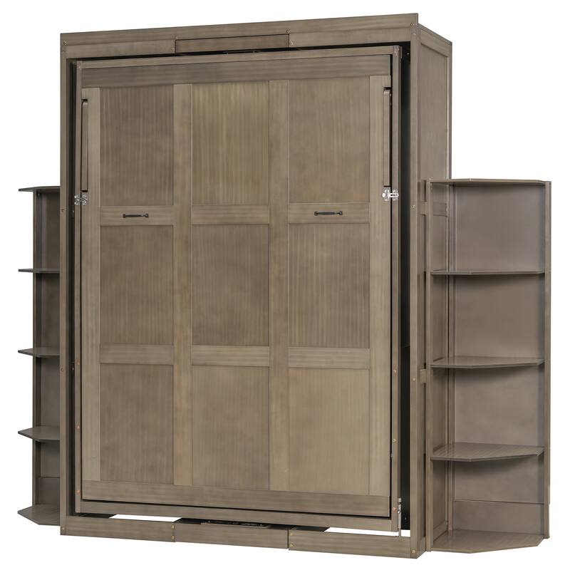 Rotating Queen Size Murphy Bed Foldable Bed Frame with Hidden Wall Cabinet, Side Shelves, Convertible Desk and Bookshelves