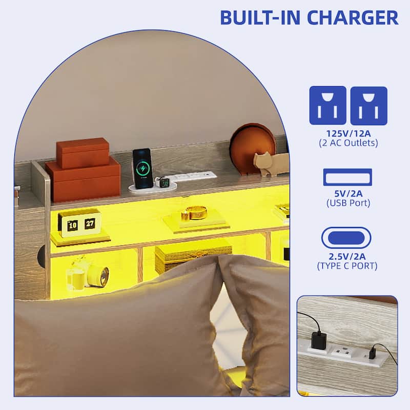 Queen/King Upholstered Bed Frame with RGB LED Lights & Storage Bookcase Headboard