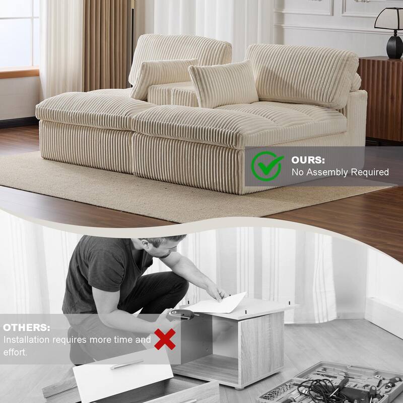 Double Chaise Lounge Sofa - Upholstered Sleeper Cloud Couch, No Assembly, Corduroy - Living Room, Bedroom
