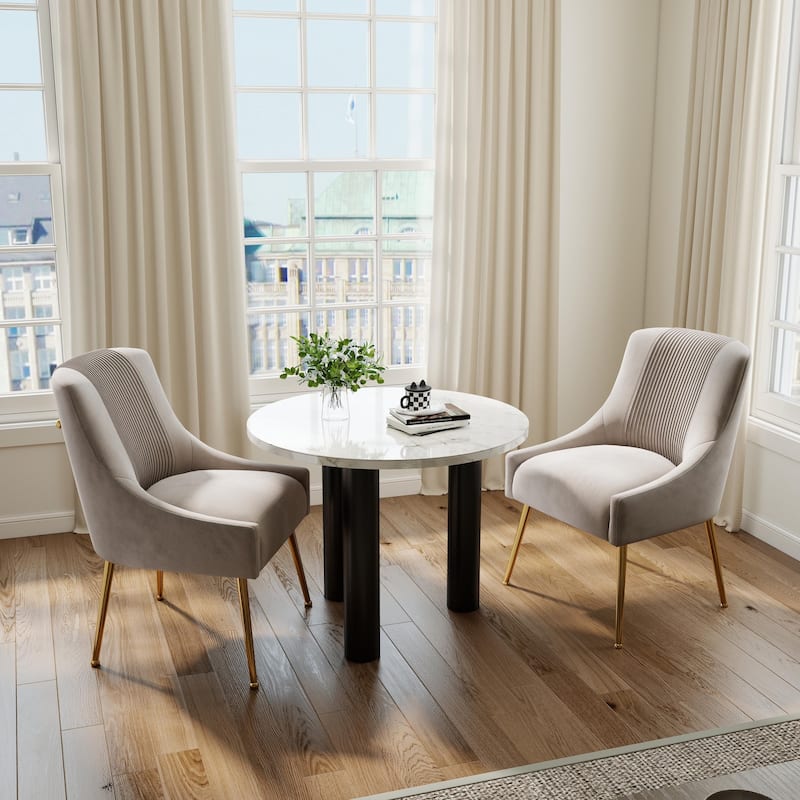 SEYNAR Modern Glam Boucle Pleated Velvet Dining Chair or Vanity Chair Set of 2 with Rear Handle - Grey