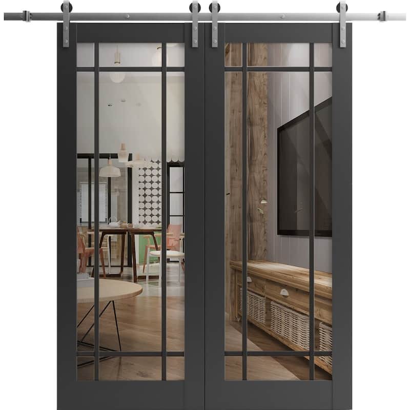 Sturdy Double Barn Door 36 x 80 Lucia 2266 Matte Black Clear Glass 13FT - Black - 56" x 84" ( 2* 28x84)