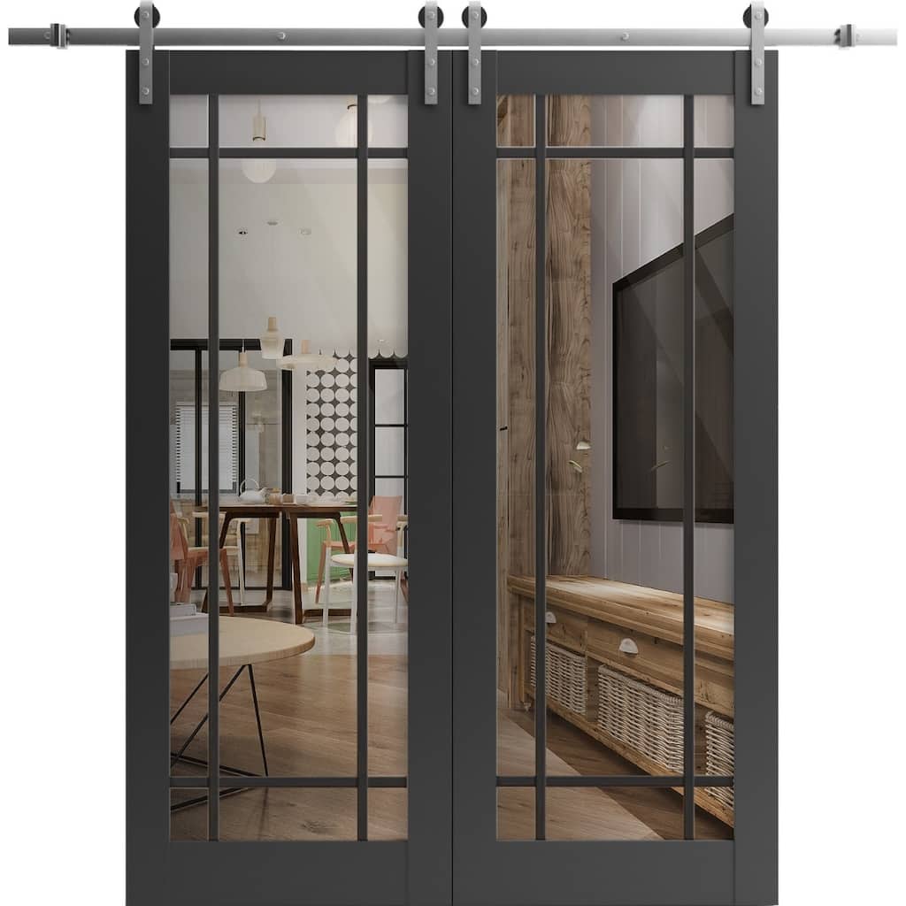 Sturdy Double Barn Door 36 x 80 Lucia 2266 Matte Black Clear Glass 13FT