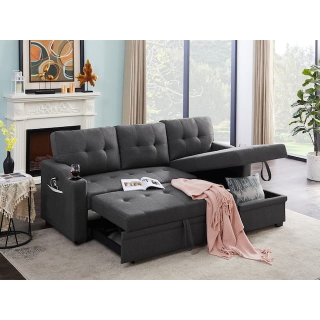 Mabel Linen Fabric Sleeper Sectional with cupholder, USB charging port and pocket