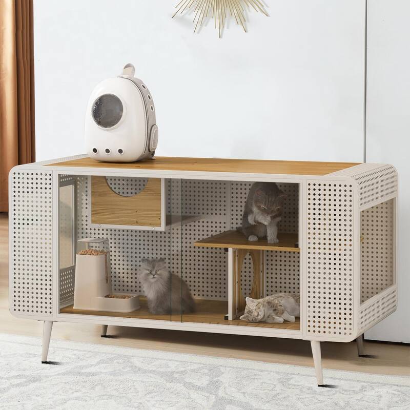 Modern Style Enclosed Cat Pet Cabinet with Shelves and Metal Frame with Glass Cabinet Doors - White