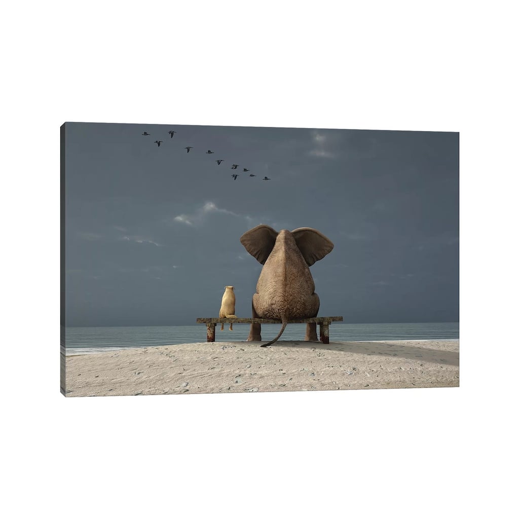 iCanvas "Elephant And Dog Sit On A Beach" by Mike Kiev Canvas Print